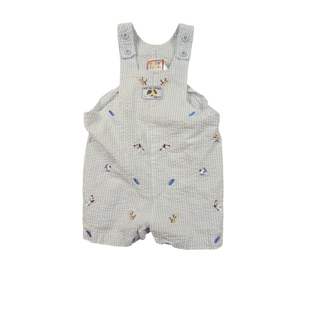 Baby Togs Vintage Seersucker Shortalls Blue White Stripe Puppy Embroidered 18M